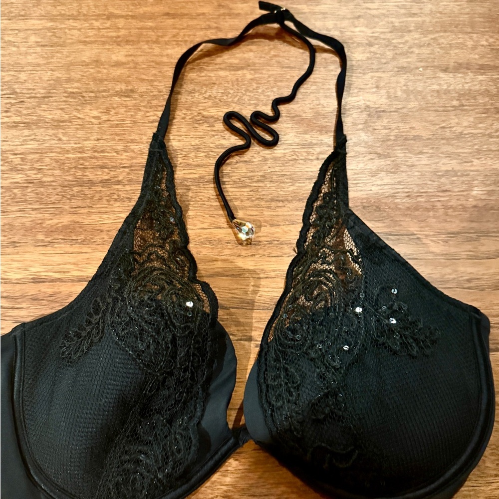 Victoria's Secret Holiday Issue vintage c. 2000 NWT Black Lace sequin Halter Bra - Picture 2 of 6